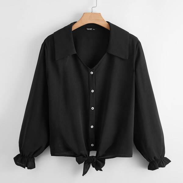 

Plus Button Front Knot Hem Flounce Sleeve Blouse, Black