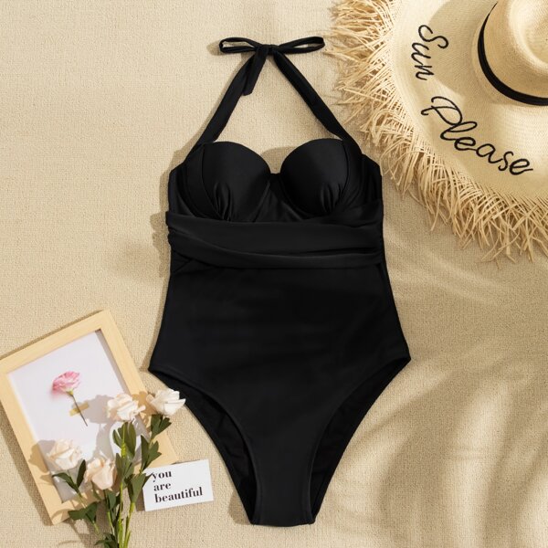 

Solid Underwire Halter One Piece Swimsuit, Black