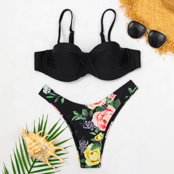 

Floral Underwire Cheeky Bikini Swimsuit, Black