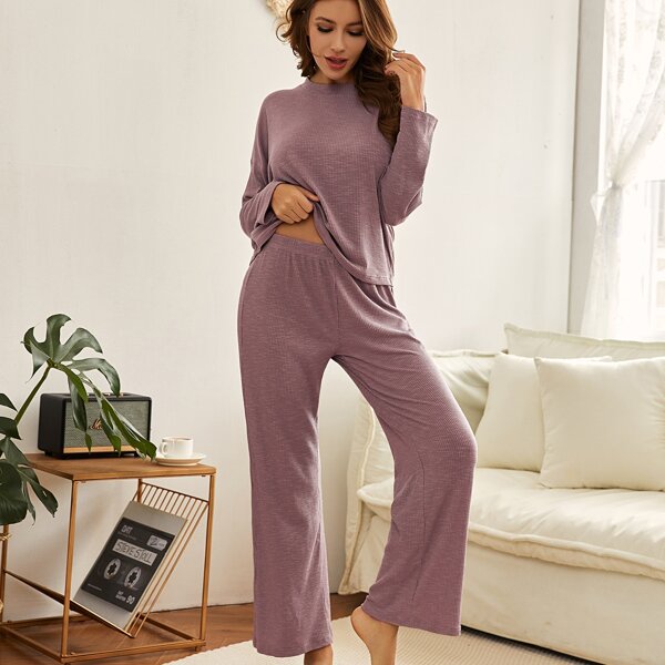 

Solid Rib-knit Lounge Set, Mauve purple