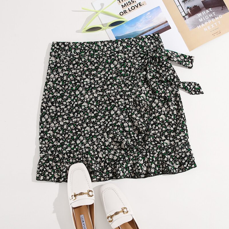 

Ditsy Floral Knot Side Ruffle Wrap Skirt, Black