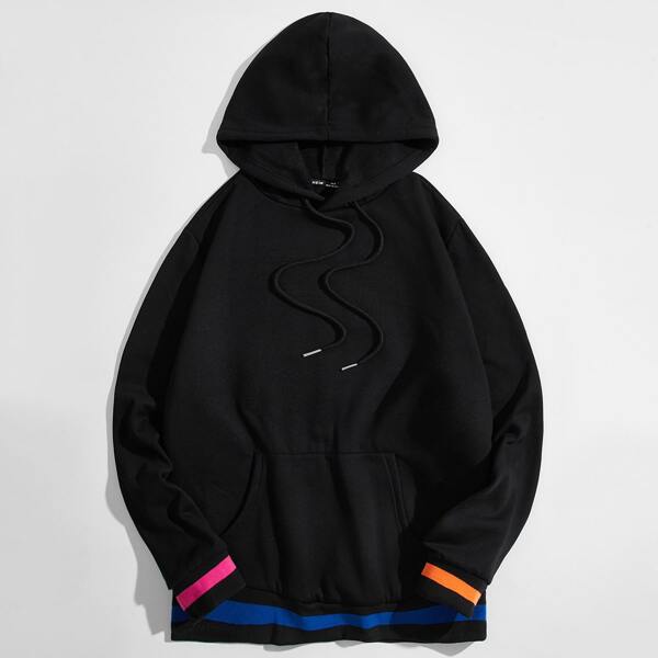 

Men Striped Pouch Pocket Drawstring Hoodie, Black