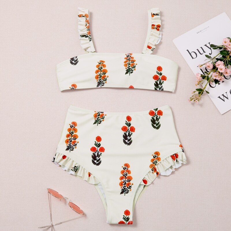 

Floral Frill High Waist Bikini Swimsuit, Multicolor