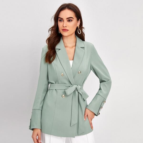 

Double Button Belted Solid Blazer, Mint green