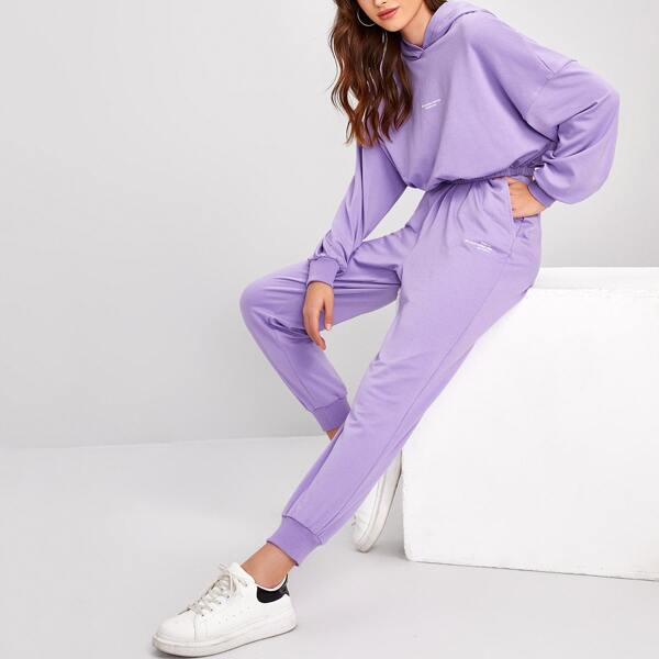

Slogan Graphic Drop Shoulder Hoodie & Joggers Set, Lilac purple