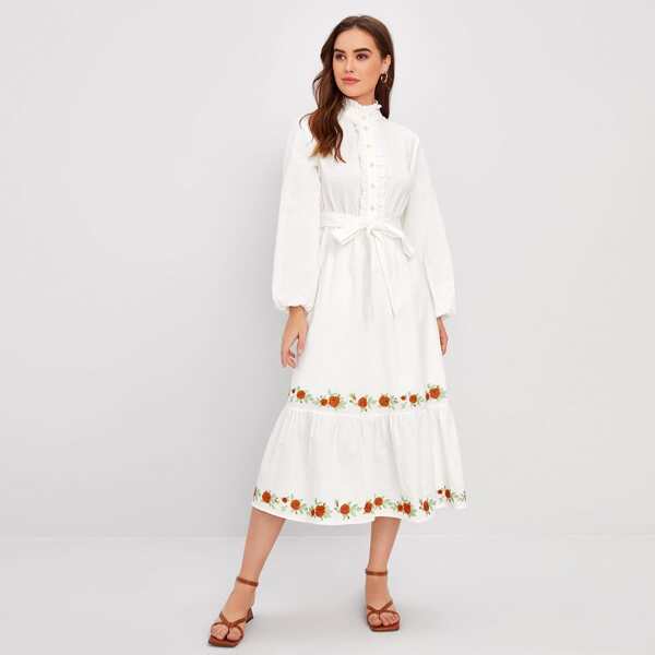 

Floral Embroidered Ruffle Trim Belted Dress, White