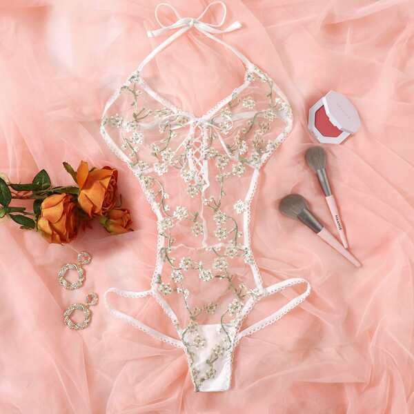 

Embroidered Mesh Cut-out Teddy Bodysuit, White