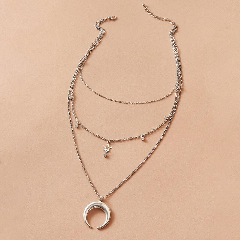 

Star & Moon Decor Layered Necklace, Silver