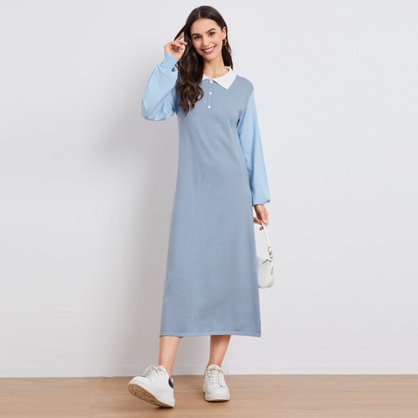 

Colorblock Contrast Collar Half Placket Sweater Dress, Dusty blue
