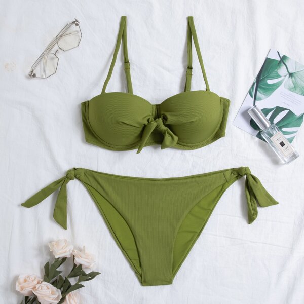 

Rib Knot Front Underwire Tie Side Bikini Swimsuit, Olive green