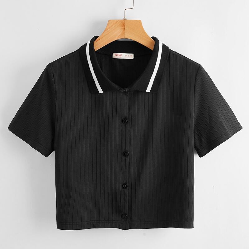 

Button Front Crop Tee, Black