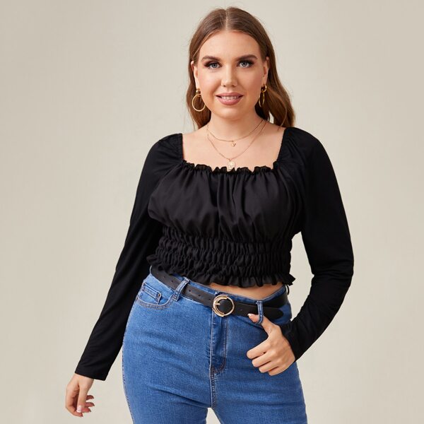 

Plus Solid Frill Trim Shirred Crop Blouse, Black