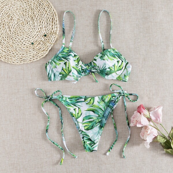 

Tropical Underwire Tie Side Bikini Swimsuit, Green