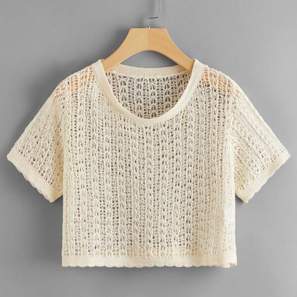 

Round Neck Open Knit Cover Up Top, Apricot
