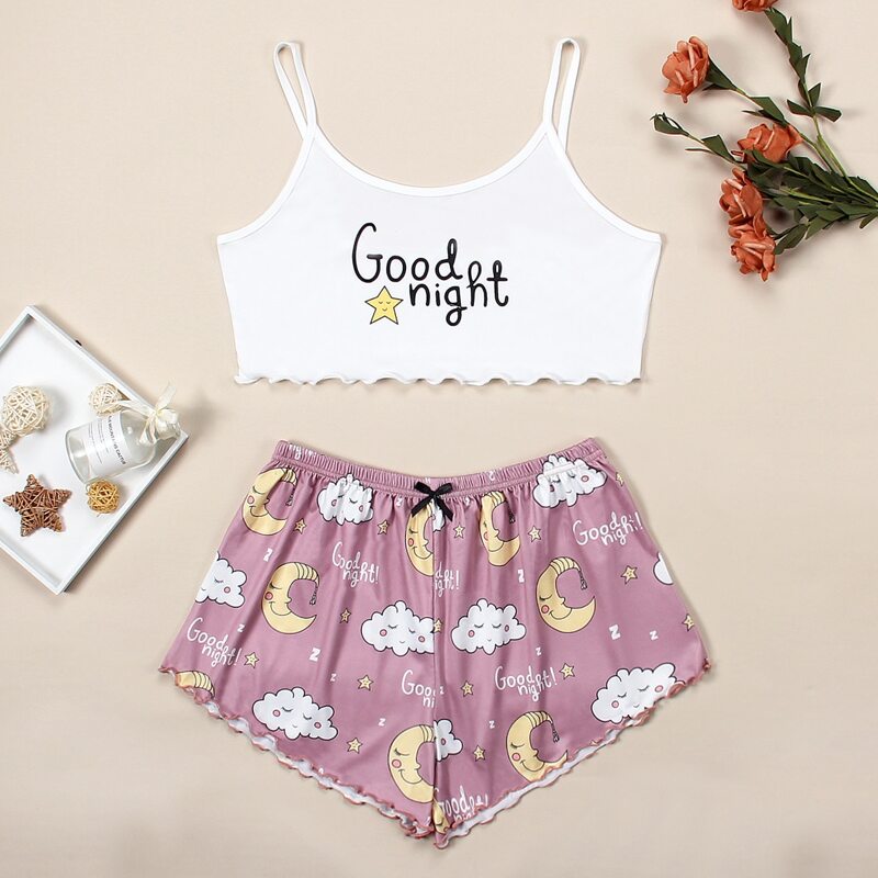 

Slogan And Cartoon Graphic Lettuce Trim Cami Pajama Set, Multicolor