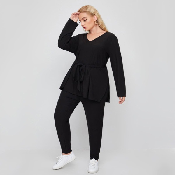 

Plus Slit Hem Belted Rib-knit Tee & Leggings Set, Black