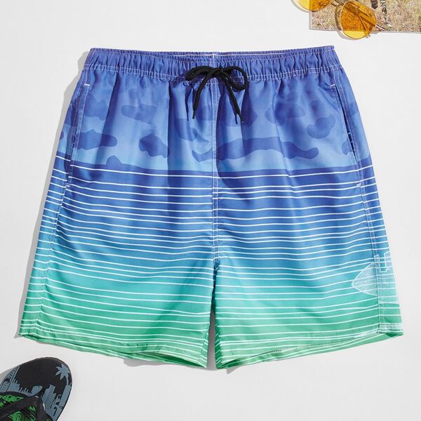 

Men Striped Colorblock Drawstring Swim Trunks, Multicolor