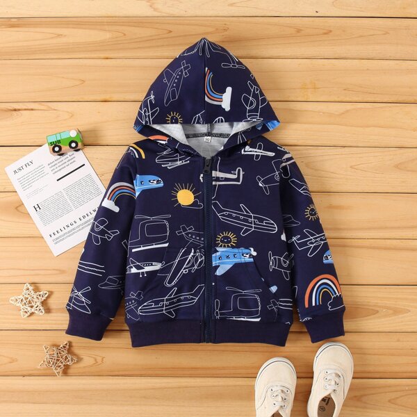 

Toddler Boys Cartoon Graphic Kangaroo Pocket Zip-up Hoodie, Navy blue