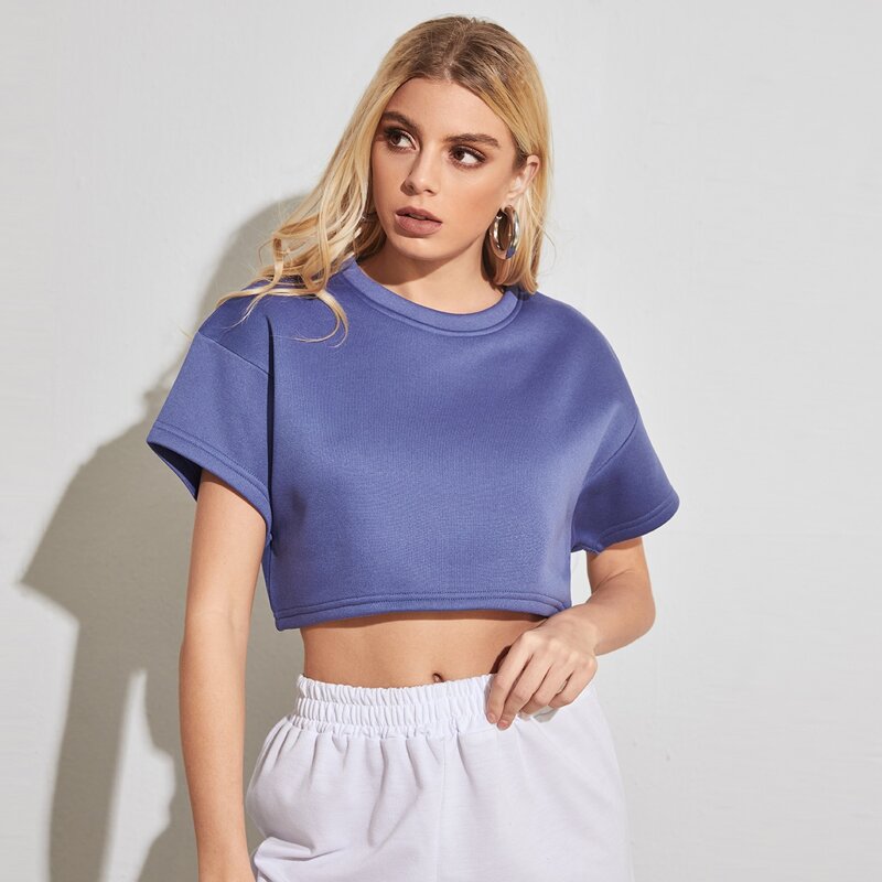 

Solid Crew Neck Crop Tee, Violet purple