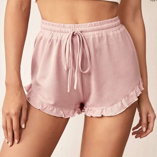 

Ruffle Hem Drawstring Lounge Shorts, Pink pastel