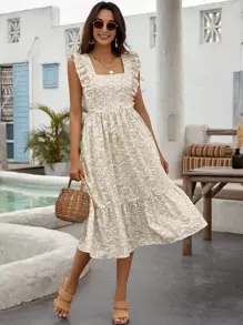 Allover Floral Print Ruffle Hem Dress - Multicolor - View 1