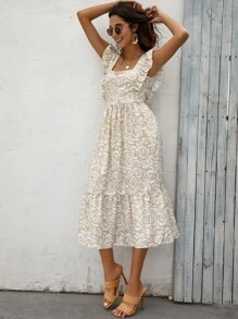 Allover Floral Print Ruffle Hem Dress - Multicolor - View 3