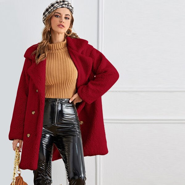 

Solid Double Breasted Teddy Coat, Burgundy