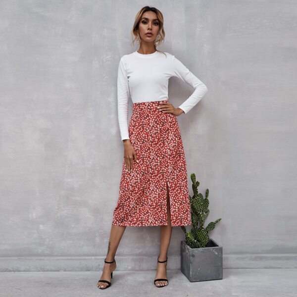 

Ditsy Floral High Waist Split Skirt, Multicolor