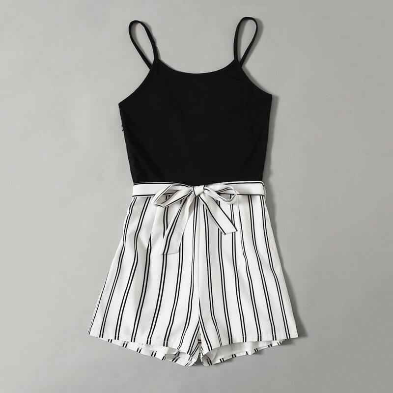 

Striped Belted Cami Romper, Black and white