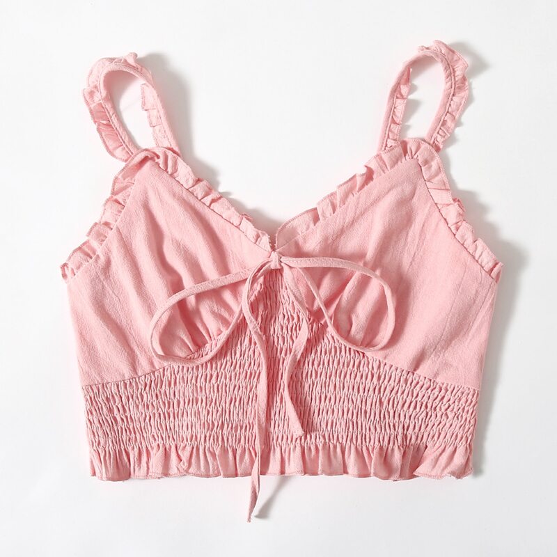 

Frill Trim Shirred Crop Top, Pink