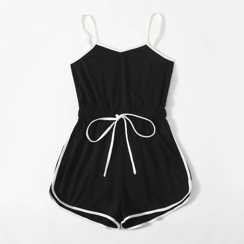 Contrast Binding Drawstring Cami Romper, Black