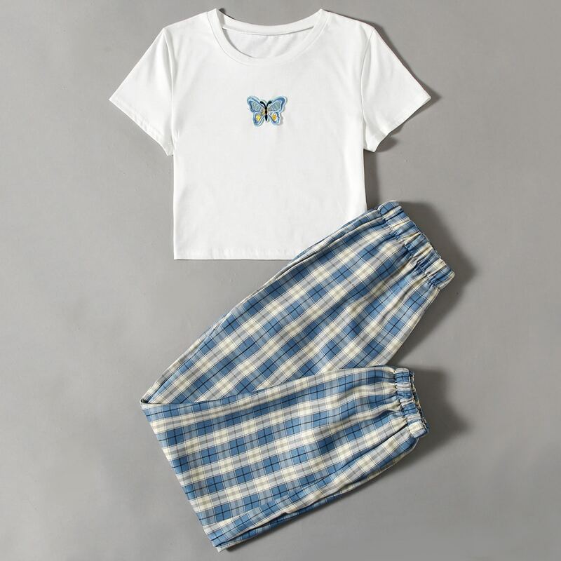 

Butterfly Applique Tee & Plaid Joggers, Multicolor