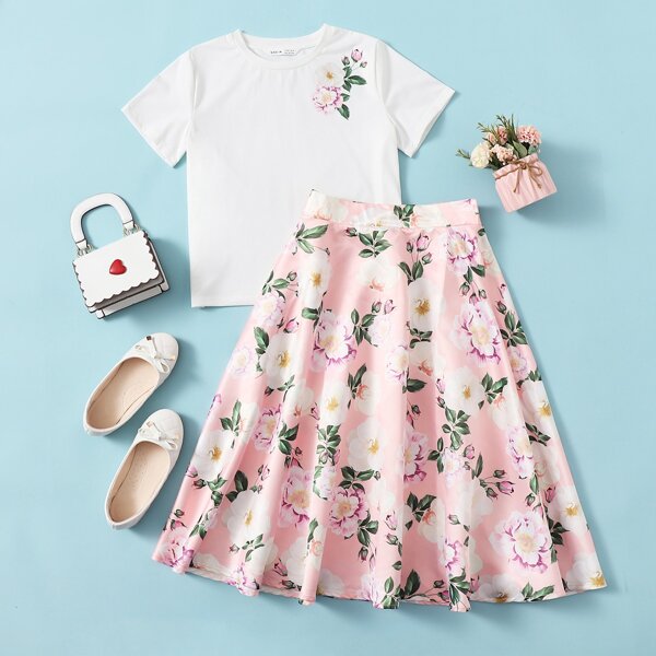 

Girls Floral Print Top & Skirt Set, Multicolor
