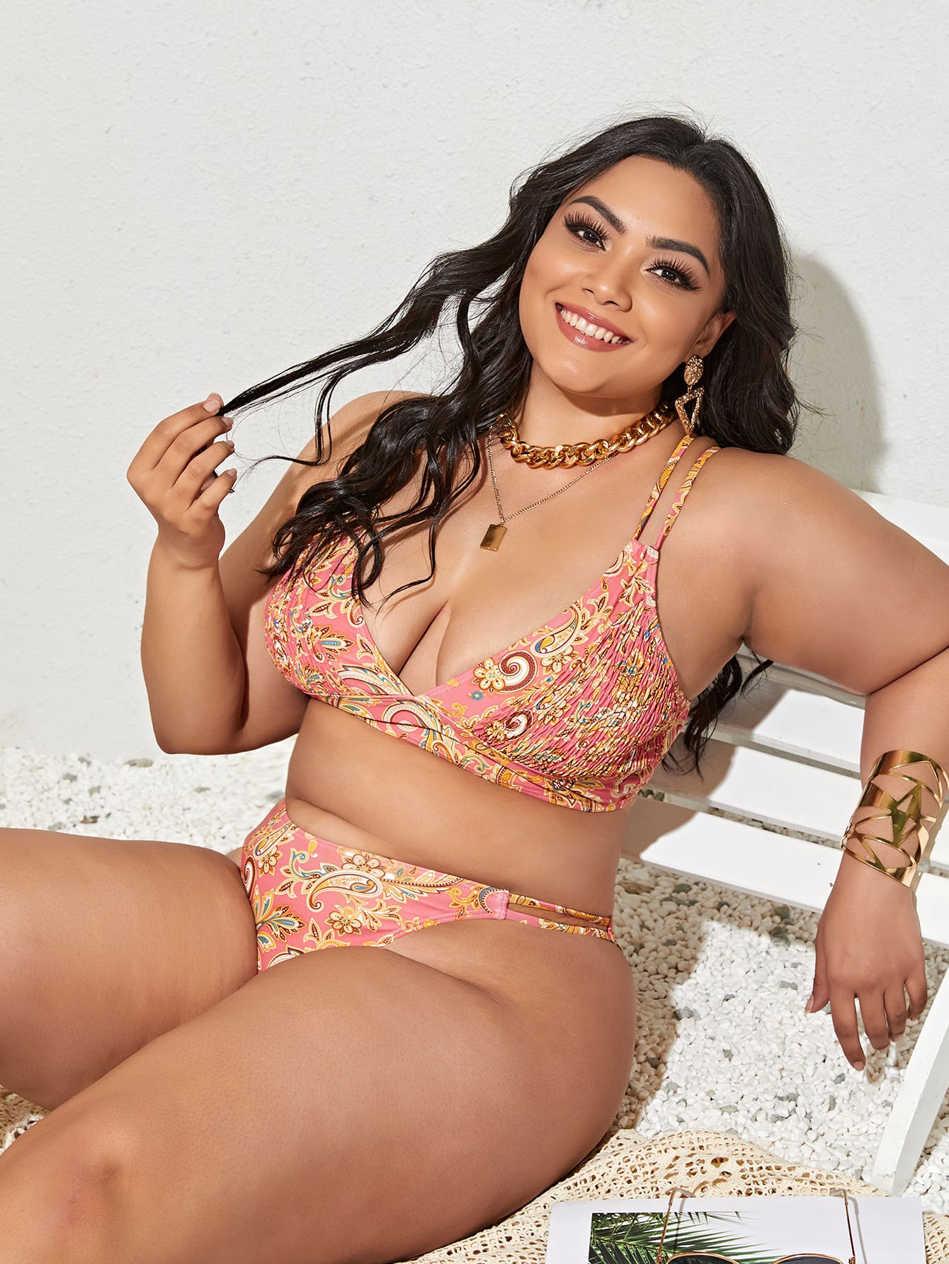 Plus Paisley Print Smocked Thong Bikini Swimsuit thumbnail
