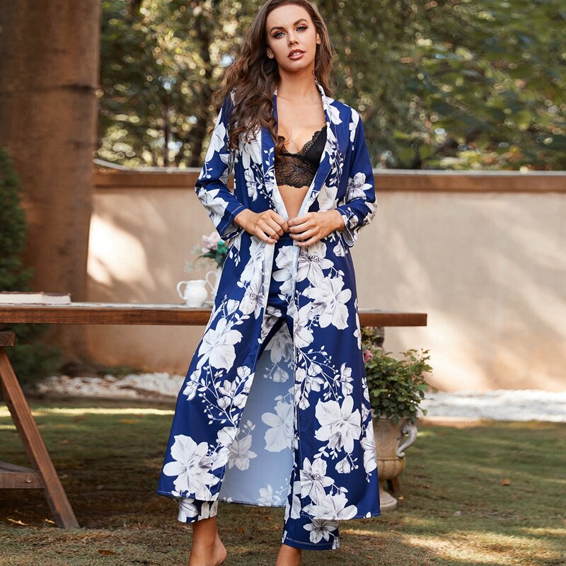 

3pcs Floral Print Lace Trimed Belted Night Set, Blue and white