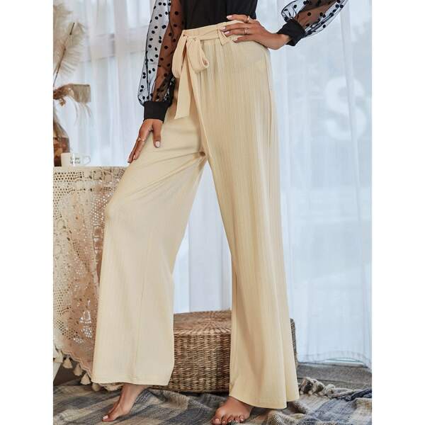 

Solid Wide Leg Belted Pants, Beige
