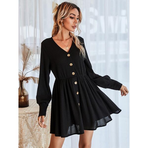 

Button Front High Waist Swing Dress, Black