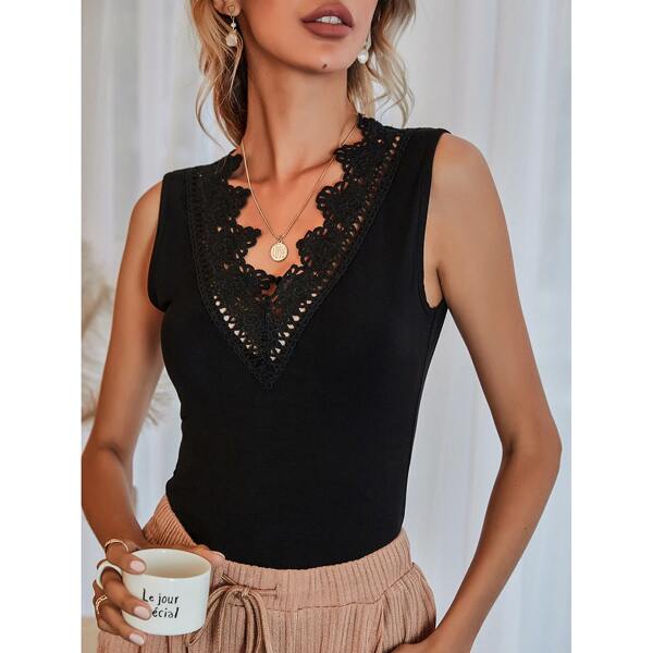 

Contrast Lace Tank Top, Black