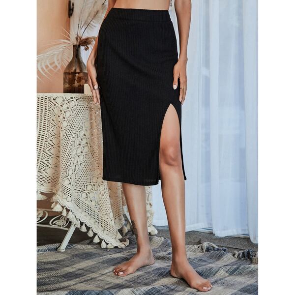 

Split Thigh Solid Rib-knit Skirt, Black
