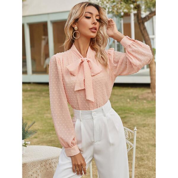 

Swiss Dot Tie Neck Chiffon Blouse, Coral pink