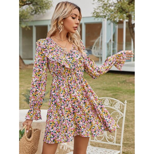 

Floral Ruffle Trim Flounce Sleeve Dress, Multicolor