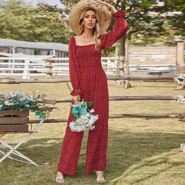 

Polka Dot Shirred Square Neck Jumpsuit, Burgundy