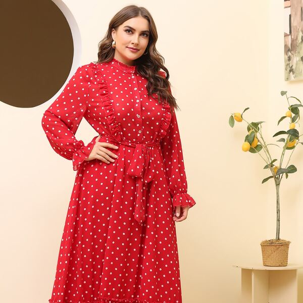 

Plus Polka Dot Flounce Sleeve Belted Chiffon Dress, Red