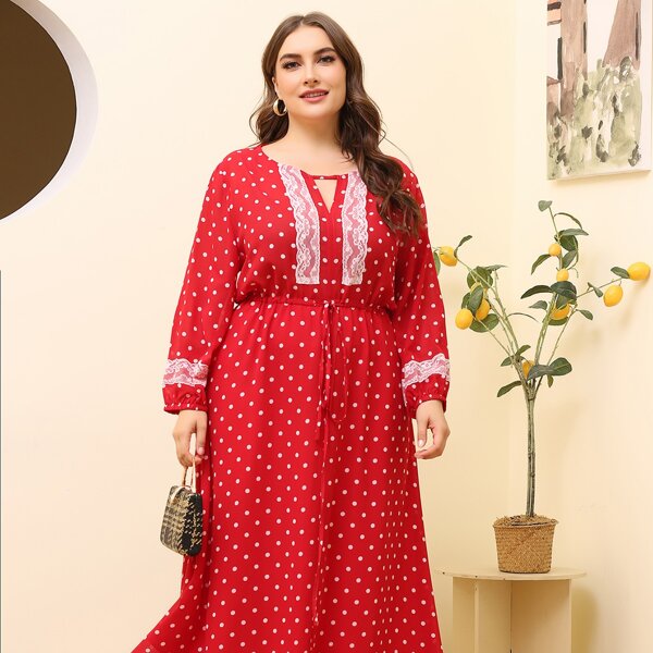 

Plus Lace Panel Polka Dot Drawstring Dress, Red