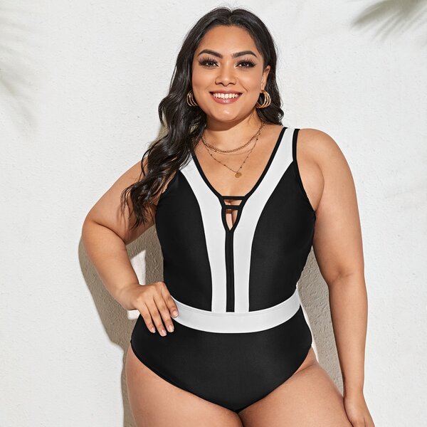 

Plus Color Block One Piece Swimsuit, Black and white