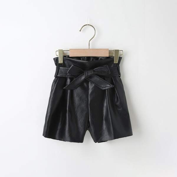 

Toddler Girls PU Leather Self Tie Shorts, Black