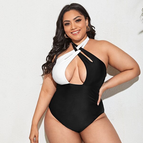 

Plus Color Block Halter One Piece Swimsuit, Black and white