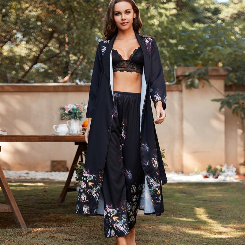 

Floral Belted Night Set, Black