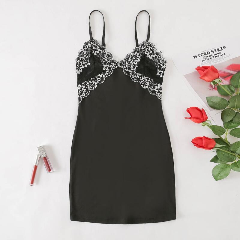 Contrast Lace Slip Nightdress, Black