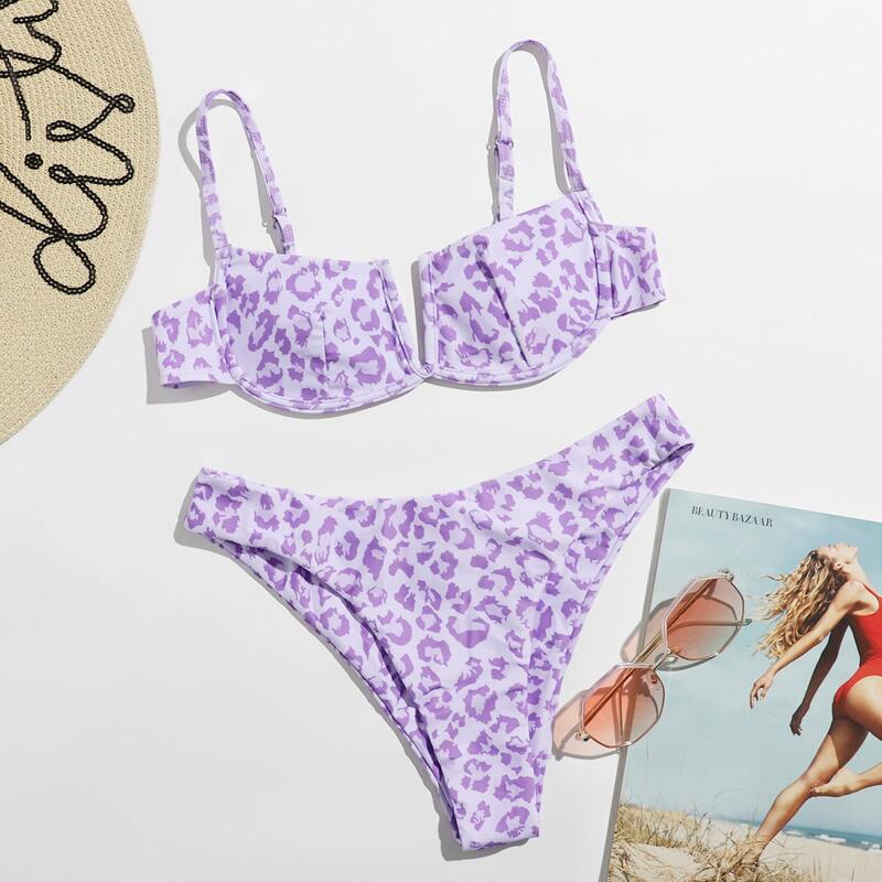

Allover Print V Wired High Cut Bikini Swimsuit, Lilac purple